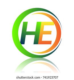 initial letter logo HE company name green and orange color on circle and swoosh design. vector logotype for business and company identity.