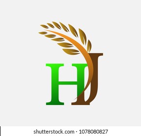 initial letter logo HJ, Agriculture wheat Logo Template vector icon design colored green and brown.
