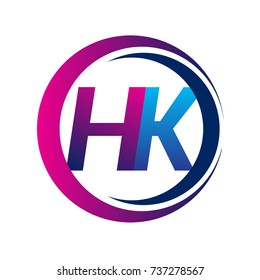 initial letter logo HK company name blue and magenta color on circle and swoosh design. vector logotype for business and company identity.