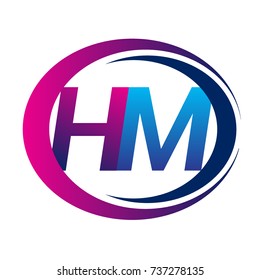 initial letter logo HM company name blue and magenta color on circle and swoosh design. vector logotype for business and company identity.