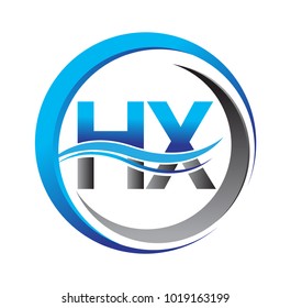 initial letter logo HX company name blue and grey color on circle and swoosh design. vector logotype for business and company identity.