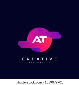 AT Initial Letter logo icon design template elements with wave colorful art.