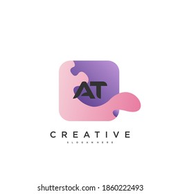 AT elementos de plantilla de diseño de iconos del logotipo de la carta inicial con arte colorido ondulado.