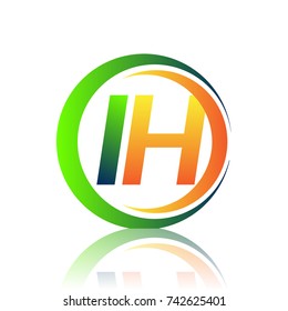 initial letter logo IH company name green and orange color on circle and swoosh design. vector logotype for business and company identity.