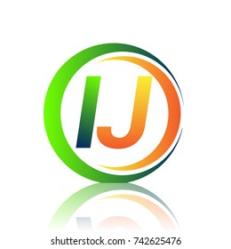 initial letter logo IJ company name green and orange color on circle and swoosh design. vector logotype for business and company identity.