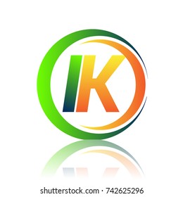 initial letter logo IK company name green and orange color on circle and swoosh design. vector logotype for business and company identity.
