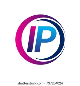 initial letter logo IP company name blue and magenta color on circle and swoosh design. vector logotype for business and company identity.