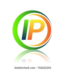 initial letter logo IP company name green and orange color on circle and swoosh design. vector logotype for business and company identity.