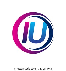 initial letter logo IU company name blue and magenta color on circle and swoosh design. vector logotype for business and company identity.