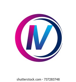 initial letter logo IV company name blue and magenta color on circle and swoosh design. vector logotype for business and company identity.