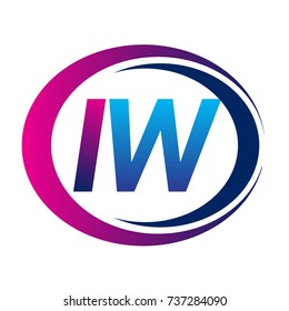 initial letter logo IW company name blue and magenta color on circle and swoosh design. vector logotype for business and company identity.