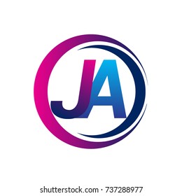 initial letter logo JA company name blue and magenta color on circle and swoosh design. vector logotype for business and company identity.