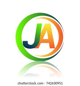 initial letter logo JA company name green and orange color on circle and swoosh design. vector logotype for business and company identity.