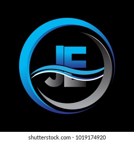 initial letter logo JE company name blue and grey color on circle and swoosh design. vector logotype for business and company identity.