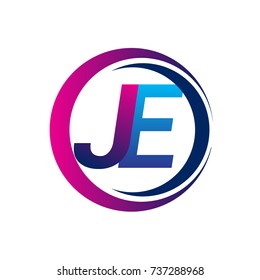 initial letter logo JE company name blue and magenta color on circle and swoosh design. vector logotype for business and company identity.