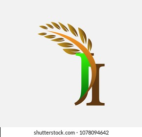 initial letter logo JI, Agriculture wheat Logo Template vector icon design colored green and brown.