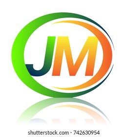 initial letter logo JM company name green and orange color on circle and swoosh design. vector logotype for business and company identity.
