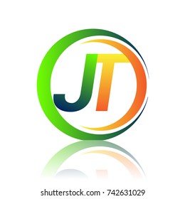 initial letter logo JT company name green and orange color on circle and swoosh design. vector logotype for business and company identity.