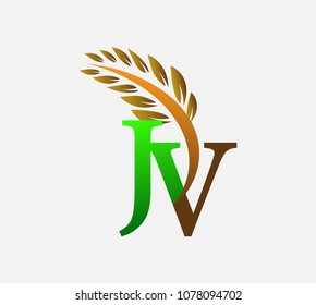 initial letter logo JV, Agriculture wheat Logo Template vector icon design colored green and brown.