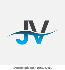 Initial letter logo JV company name blue and black color swoosh design. vector logotype for business and company identity.