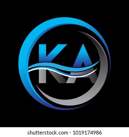 initial letter logo KA company name blue and grey color on circle and swoosh design. vector logotype for business and company identity.