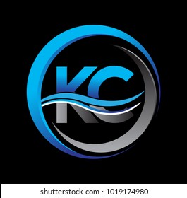 initial letter logo KC company name blue and grey color on circle and swoosh design. vector logotype for business and company identity.