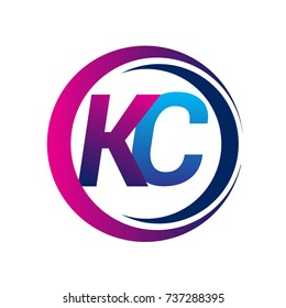 initial letter logo KC company name blue and magenta color on circle and swoosh design. vector logotype for business and company identity.