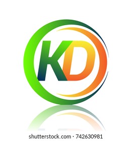 initial letter logo KD company name green and orange color on circle and swoosh design. vector logotype for business and company identity.