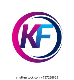 initial letter logo KF company name blue and magenta color on circle and swoosh design. vector logotype for business and company identity.