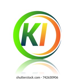 initial letter logo KI company name green and orange color on circle and swoosh design. vector logotype for business and company identity.