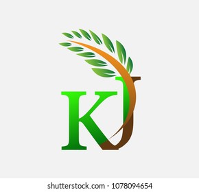 initial letter logo KJ, Agriculture wheat Logo Template vector icon design colored green and brown.