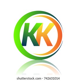 initial letter logo KK company name green and orange color on circle and swoosh design. vector logotype for business and company identity.
