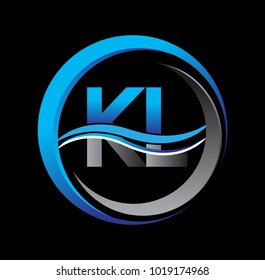 initial letter logo KL company name blue and grey color on circle and swoosh design. vector logotype for business and company identity.