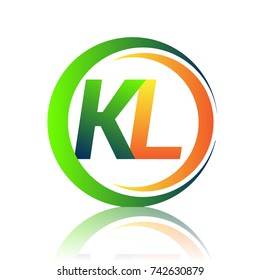 initial letter logo KL company name green and orange color on circle and swoosh design. vector logotype for business and company identity.