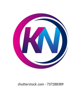 initial letter logo KN company name blue and magenta color on circle and swoosh design. vector logotype for business and company identity.