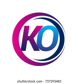 initial letter logo KO company name blue and magenta color on circle and swoosh design. vector logotype for business and company identity.