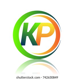 initial letter logo KP company name green and orange color on circle and swoosh design. vector logotype for business and company identity.