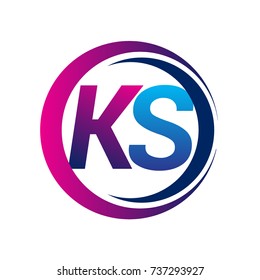 initial letter logo KS company name blue and magenta color on circle and swoosh design. vector logotype for business and company identity.
