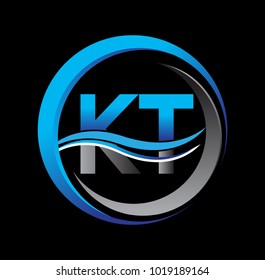 initial letter logo KT company name blue and grey color on circle and swoosh design. vector logotype for business and company identity.