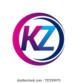 initial letter logo KZ company name blue and magenta color on circle and swoosh design. vector logotype for business and company identity.