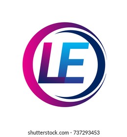 initial letter logo LE company name blue and magenta color on circle and swoosh design. vector logotype for business and company identity.