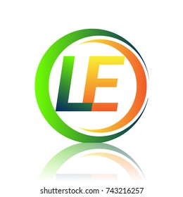initial letter logo LE company name green and orange color on circle and swoosh design. vector logotype for business and company identity.
