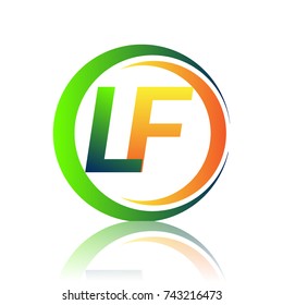 initial letter logo LF company name green and orange color on circle and swoosh design. vector logotype for business and company identity.