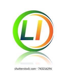 initial letter logo LI company name green and orange color on circle and swoosh design. vector logotype for business and company identity.