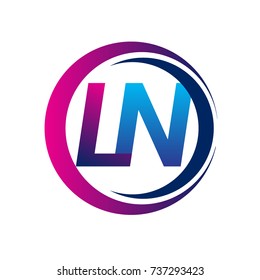 initial letter logo LN company name blue and magenta color on circle and swoosh design. vector logotype for business and company identity.