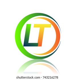 initial letter logo LT company name green and orange color on circle and swoosh design. vector logotype for business and company identity.
