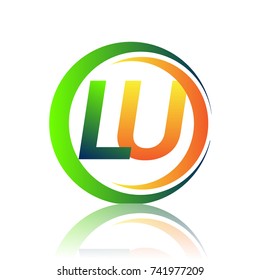 initial letter logo LU company name green and orange color on circle and swoosh design. vector logotype for business and company identity.