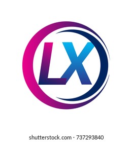 initial letter logo LX company name blue and magenta color on circle and swoosh design. vector logotype for business and company identity.