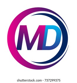 initial letter logo MD company name blue and magenta color on circle and swoosh design. vector logotype for business and company identity.