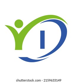 Initial Letter I Logo, Medical Design with Human Symbol. People Healthcare and Letter I Wellness Logo, Fitness Sign